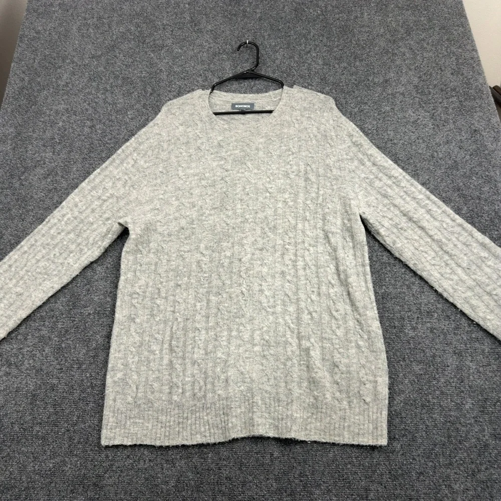 Bonobos Sweater Mens L Gray Merino Wool Alpaca Cable Knit Crewneck Slim Fit
